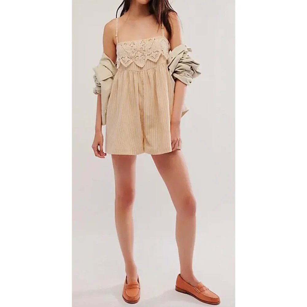 NEW FREE PEOPLE NEUTRAL COMBO COLLINA ONE PIECE ROMPER SHORT SZ L
